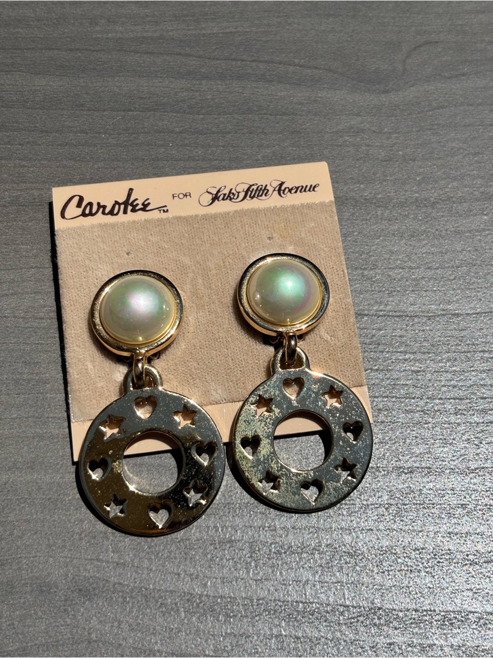 Vintage Carolee Faux Pearl Gold Tone Clip On Earrings Saks Fifth Ave Hearts Star